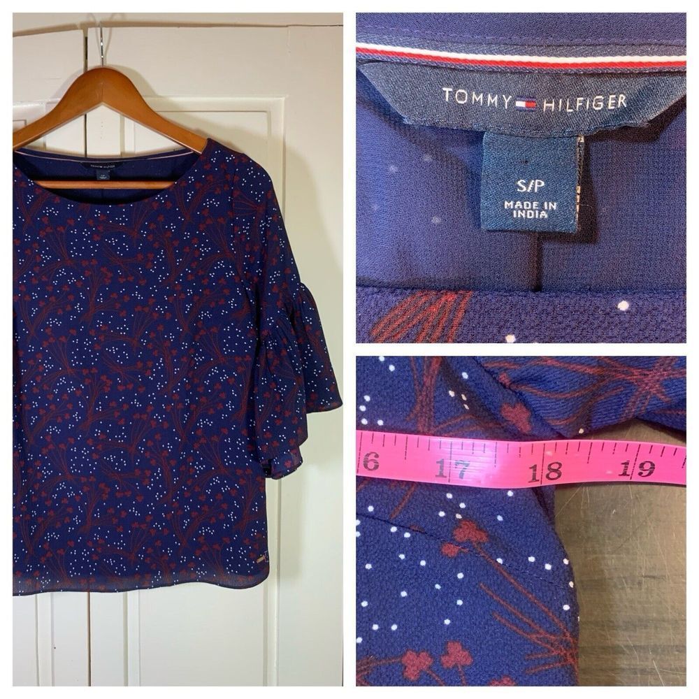 Tommy Hilfiger Cottage Blouse Top Women's Small Sheer Lined Bell‎ Sleeve Office